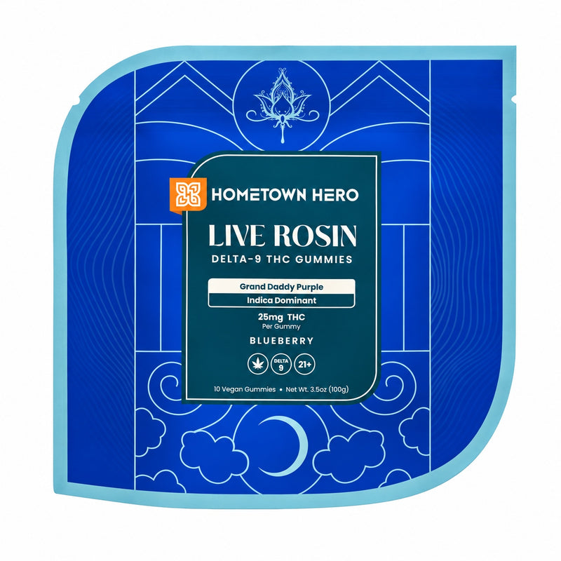 Hometown Hero - Live Rosin 25mg D9 Gummies / Grand Daddy Purple (I) 10ct — approved package photo