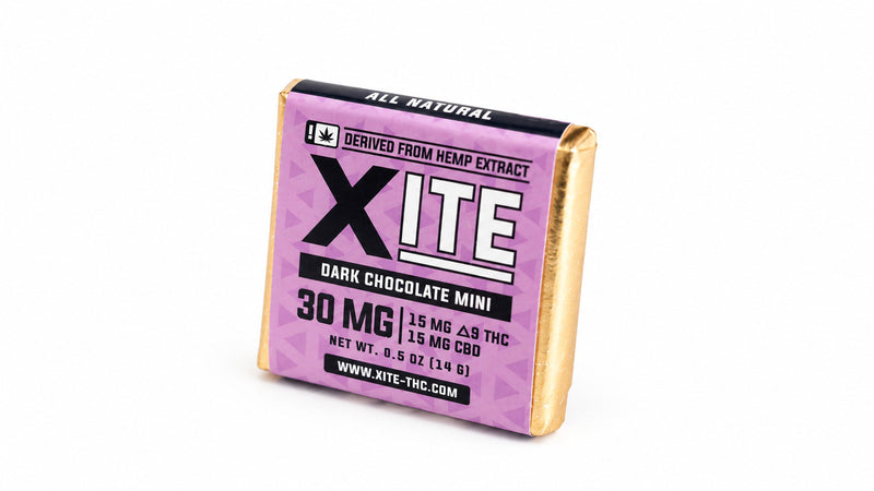 Xite - 15mg D9: 15mg CBD Minis — Dark Chocolate 1ct — package on white
