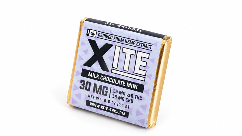 Xite - 15mg D9: 15mg CBD Minis — Milk Chocolate 1ct — package on white