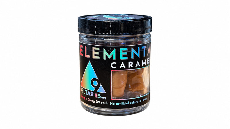 Elemental - 25mg D9 Caramels — 10ct Jar Original — package on white