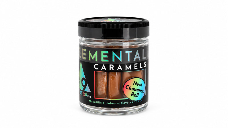 Elemental - 25mg D9 Caramels — 10ct Jar Cinnamon Roll — package on white