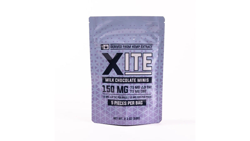 Xite - 15mg D9: 15mg CBD Minis — Milk Chocolate 5ct — package on white