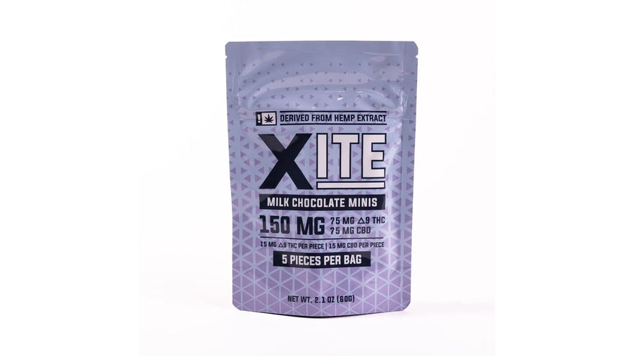 Xite - 15mg D9: 15mg CBD Minis — Milk Chocolate 5ct — package on white