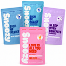 Snoozy Mood Gummies collection: Love Is All You Need, Sigh of Relief, Sigh of Relief Extra Strength, and Sleep With Benefits Extra Strength