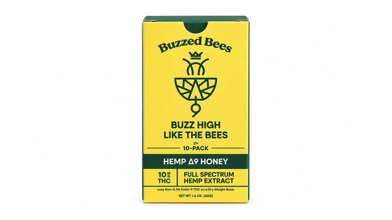Buzzed Bees hemp Delta9 honey 10-pack, 10mg THC snap packs, yellow and green box on white