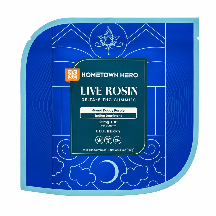 Hometown Hero - Live Rosin 25mg D9 Gummies / Grand Daddy Purple (I) 10ct — approved package photo