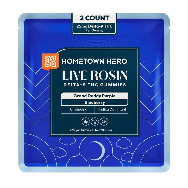 Hometown Hero - Live Rosin 25mg D9 Gummies / Grand Daddy Purple (I) 2ct — approved package photo