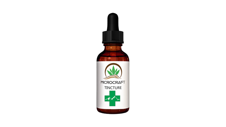 MicroCraft tincture bottle with Pinnacle green cross logo on white