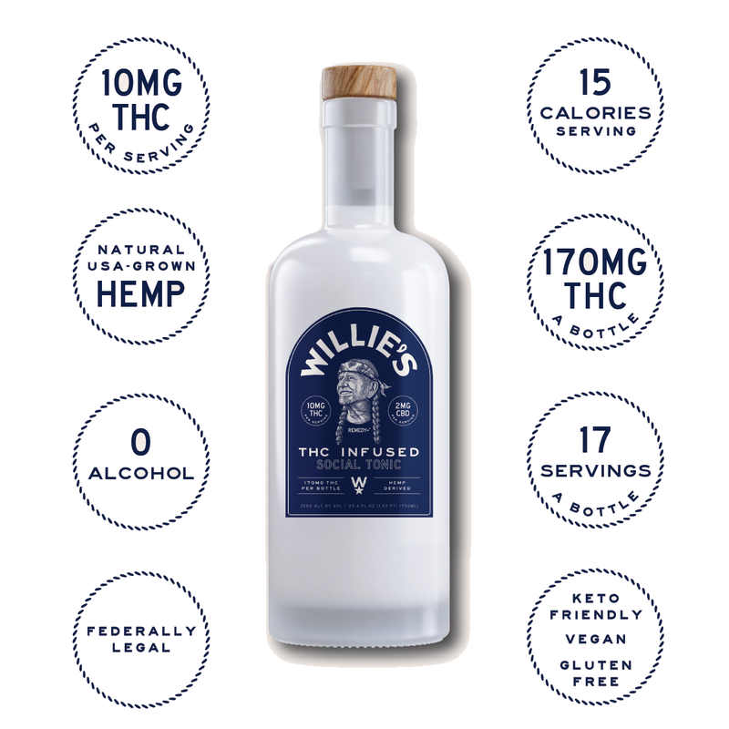 Willie's Remedy Social Tonic 750ml bottle — 10mg THC per serving, 170mg total