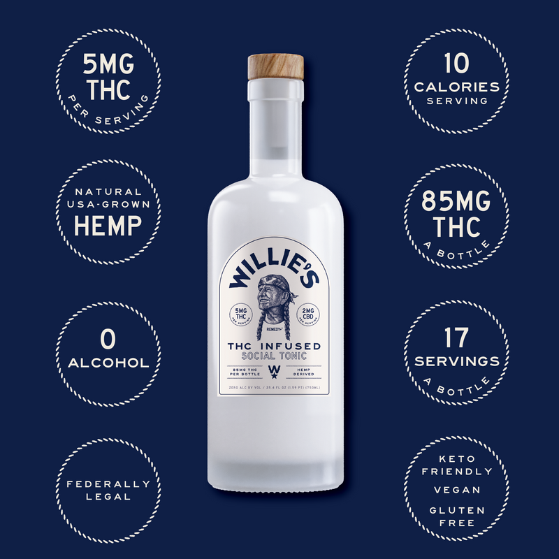 Willie's Remedy Social Tonic 750ml bottle — 5mg THC per serving, 85mg total