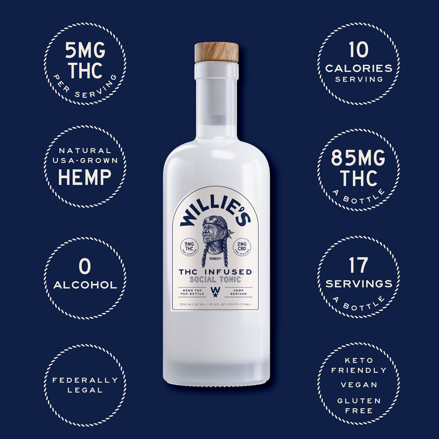 Willie's Remedy Social Tonic 750ml bottle — 5mg THC per serving, 85mg total