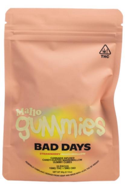 Image of Bad Days Gummies Delta 9 Gummies -- mentions that they are watermelon flavored and contain 15MG of Delta 9 THC and 5 MG of CBD Per gummy
