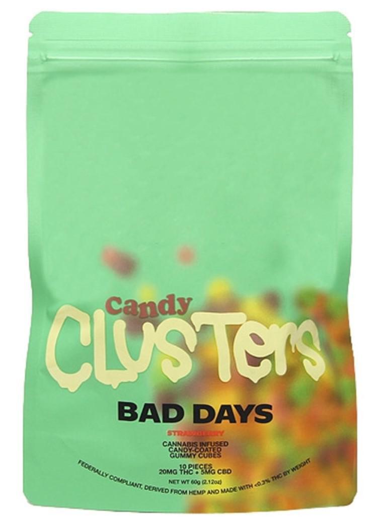 Image of Bad Days Candy Clusters Delta 9 THC Edibles.  Mentions a strawberry flavor and that there are 10 pieces per package containing 20 MG of Delta 9 THC and 5 MG of CBD each.